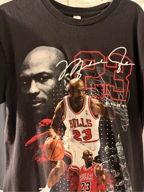 Jordan Black Graphic Bulls Montage Tee with Red and White Accents